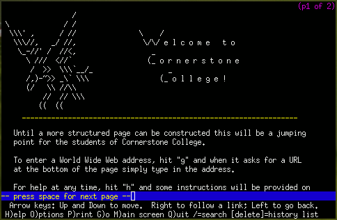 Screenshot of Cornerstone College''s web site in Lynx in a terminal window,