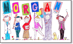 Cartoon people holding up letters that spell MORGAN