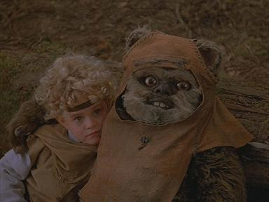 Ewok with his arm around a kid.