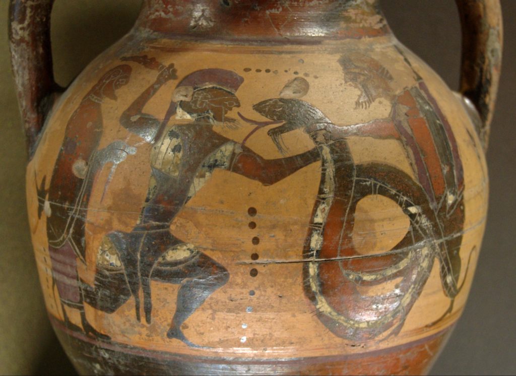 Ancient Greek pot with soldier fighting a snake.
