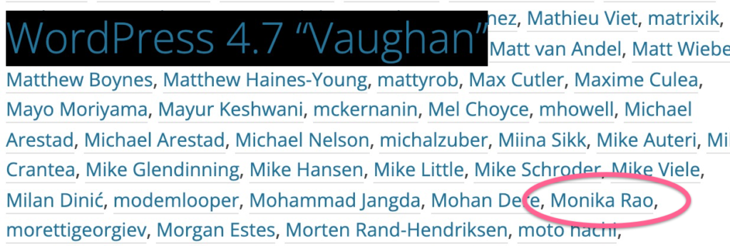 List of WordPress contributors with Monika's name circled
