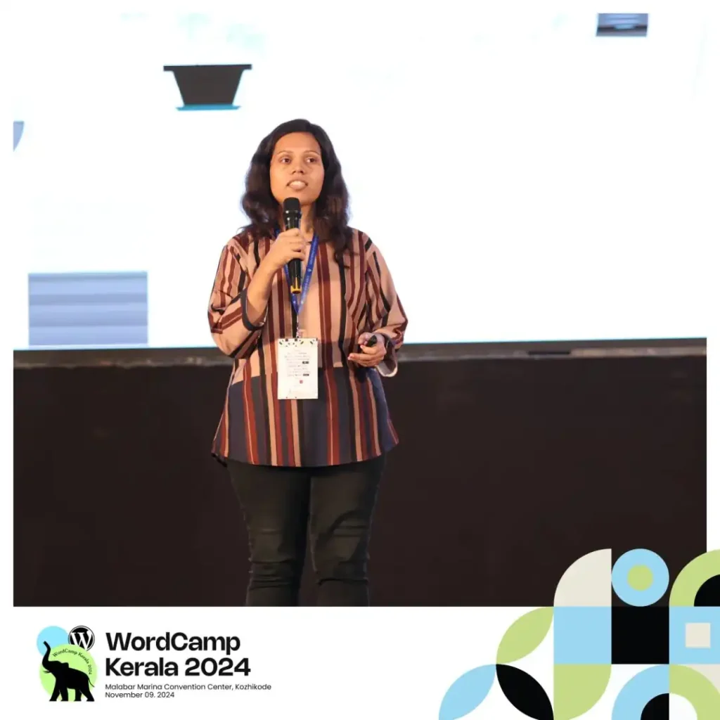 Akshaya speaking at WordCamp Kerala.