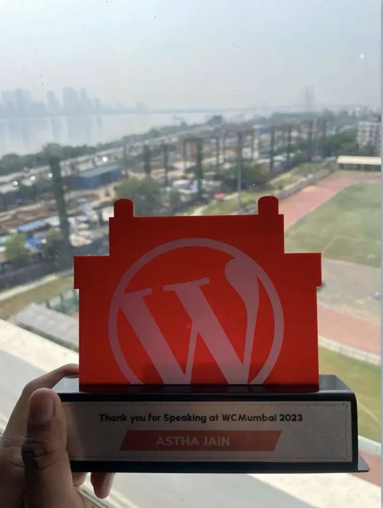 Astha's thank you trophy for being Speaker at WordCamp Mumbai 2023